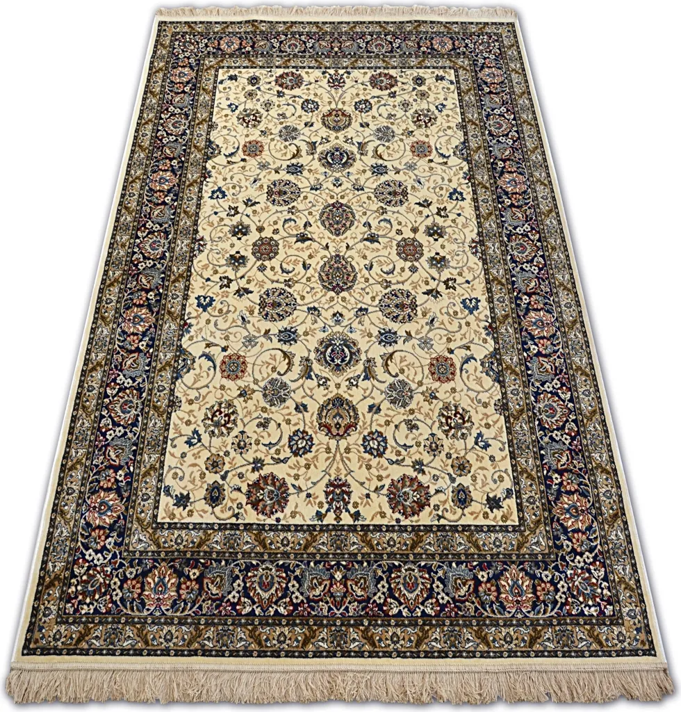 Tapis Ivoire WINDSOR 22933 - Cadre Fleurs Beige et Finition Jacquard Haut
