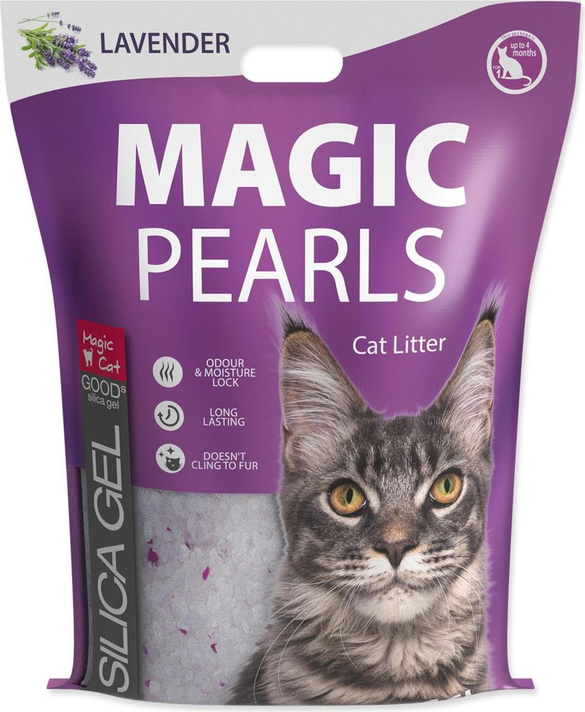 A bag of Magic Pearls lavender cat litter with a cat's face on it.
