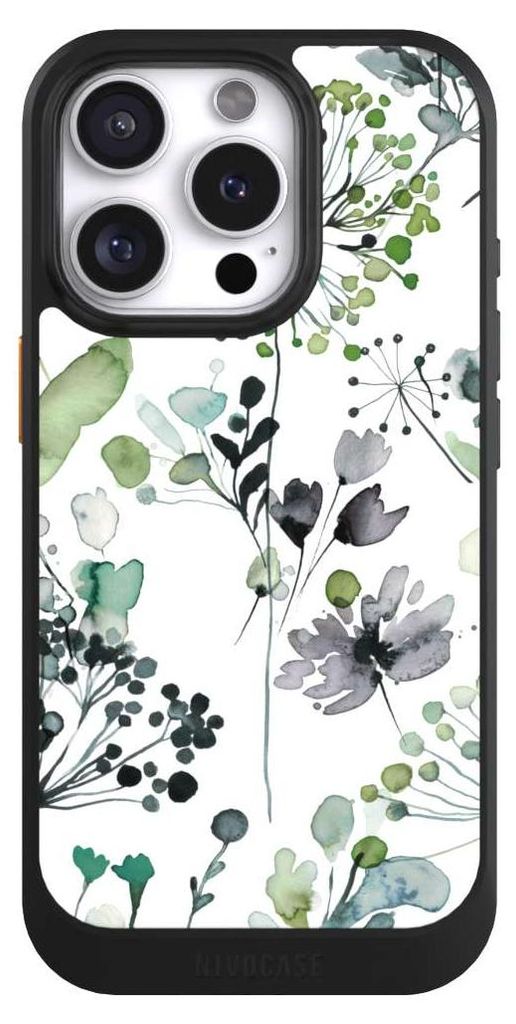 NIVOCASE Hülle für Apple iPhone 16 Pro Handyhülle NIVOcore Case Schwarz Blumen Wasserfarbe Eukalyptus