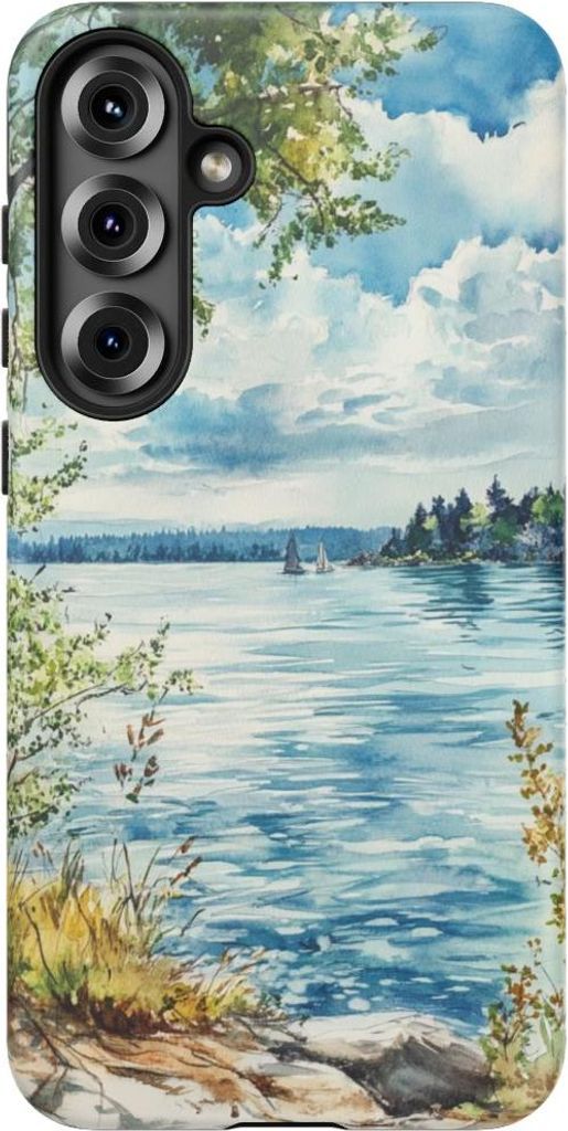 Aquarell-Landschaft am See mit Bäumen und Segelbooten – Hülle Kompatibel mit Galaxy S25 Plus