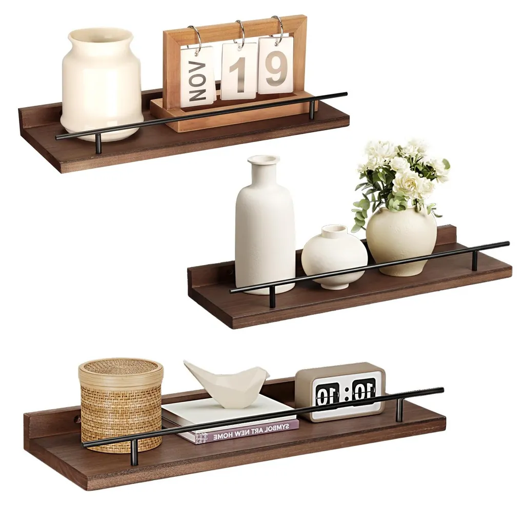 Étagère murale bois massif épais 4,5 cm, lot de 3 tablettes marron robuste