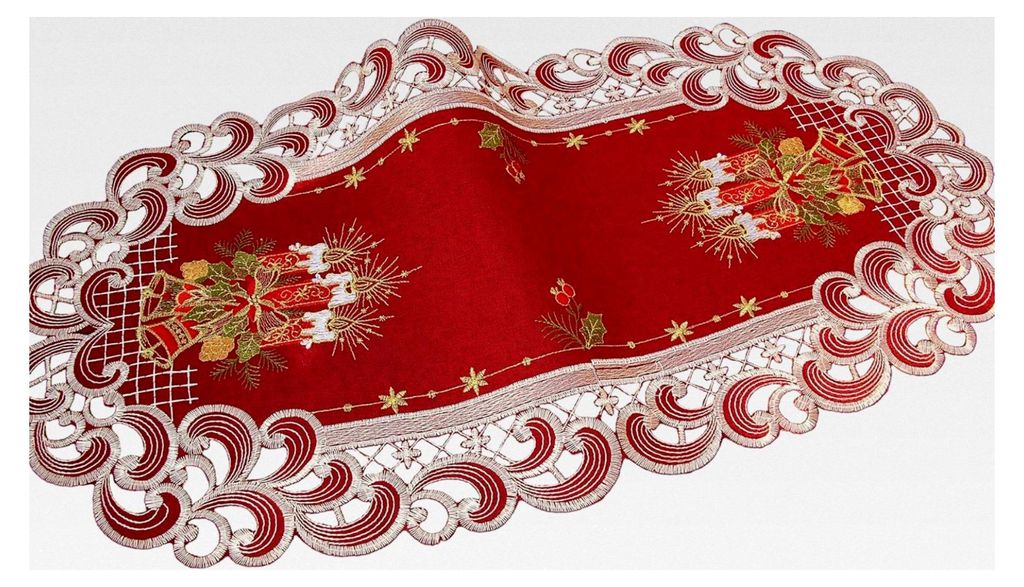 Weihnachtlicher Tischläufer in Dunkelrot mit Leinenoptik und Kerzenstickerei (ca. 35x70 cm oval)