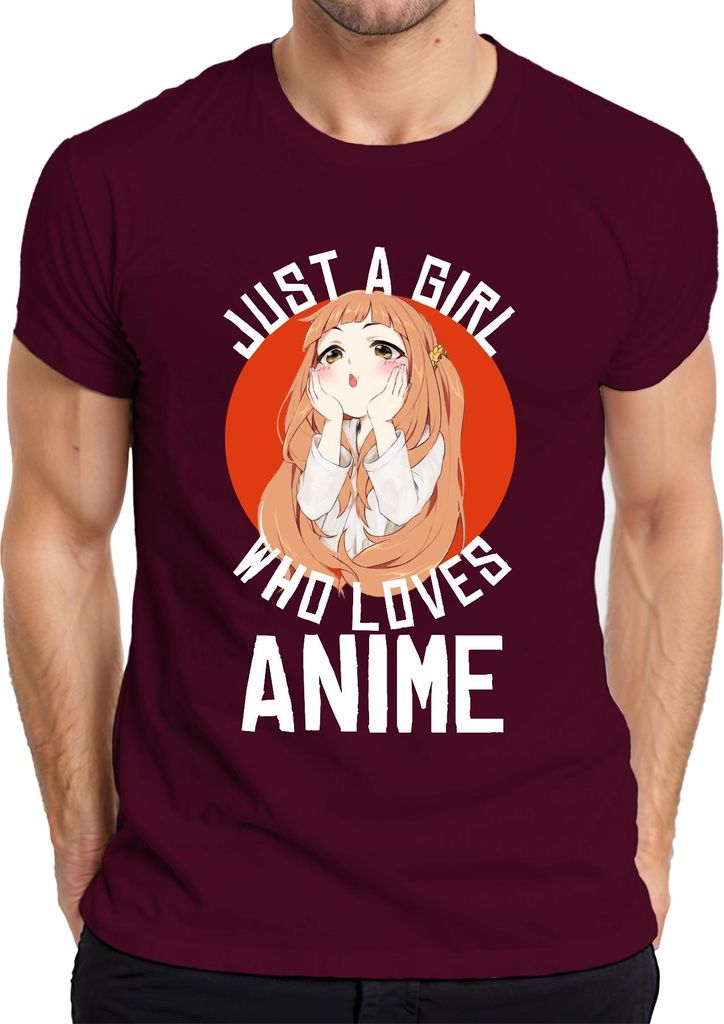 JUST A GIRL WHO LOVES ANIME Anime Mädchen Otaku Manga Kawaii Fan Herren T-Shirt, Burgundy, 3XL