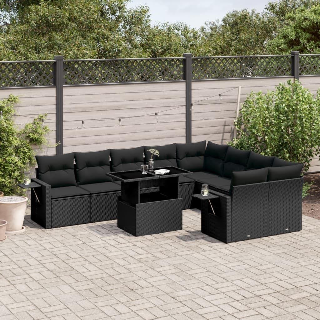 "Rabatt" 10-tlg. Garten-Sofagarnitur - mit sofa - mit Kissen Schwarz Poly Rattan - Lounge-Dining set CC10466