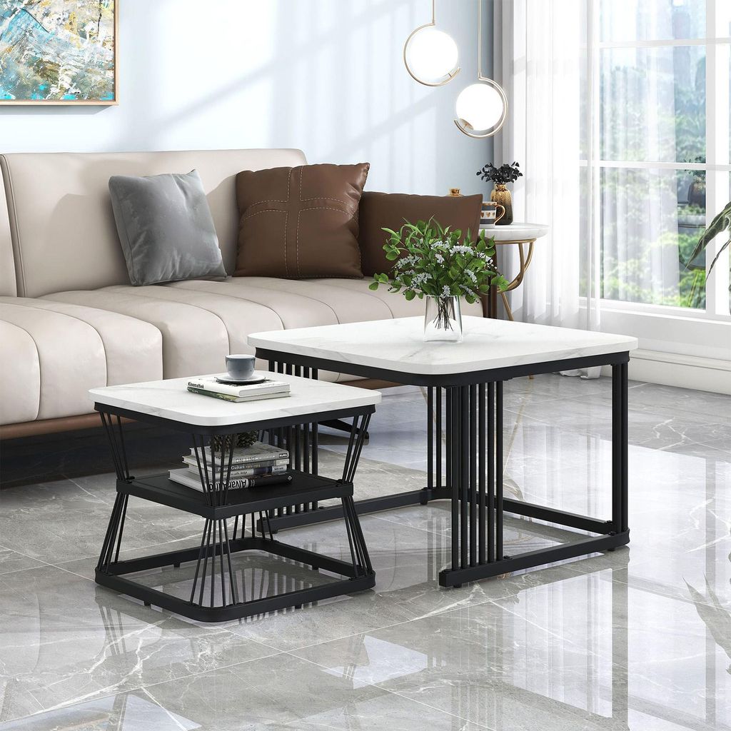 KLAM HOME Couchtisch Moderner Nesting-Couchtisch Kompakter Sofa-Beistelltisch kompakte Couchtische Marmoriertes 2-teiliges Tischset Sofatisch