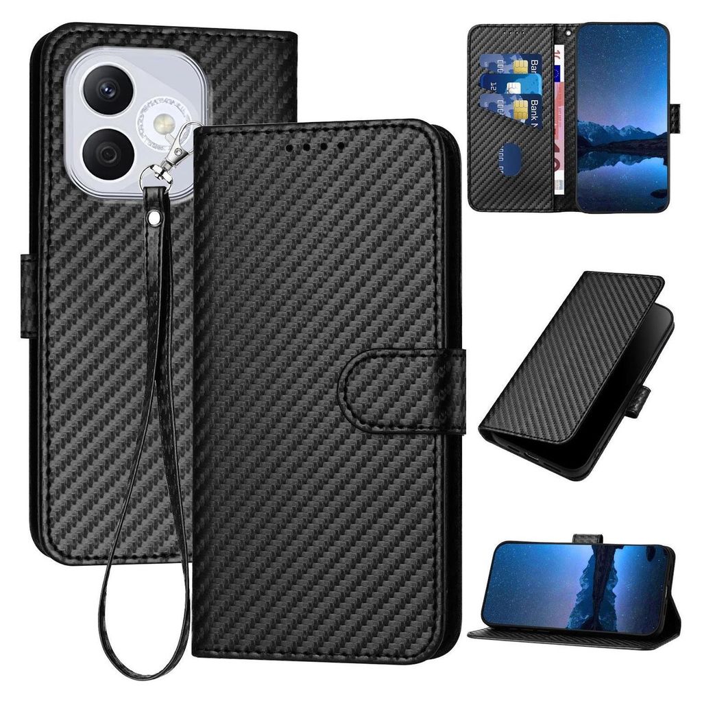 Für Honor 400 Lite Carbon Fiber Design Kunstleder Hülle Tasche mit Lanyard Schwarz