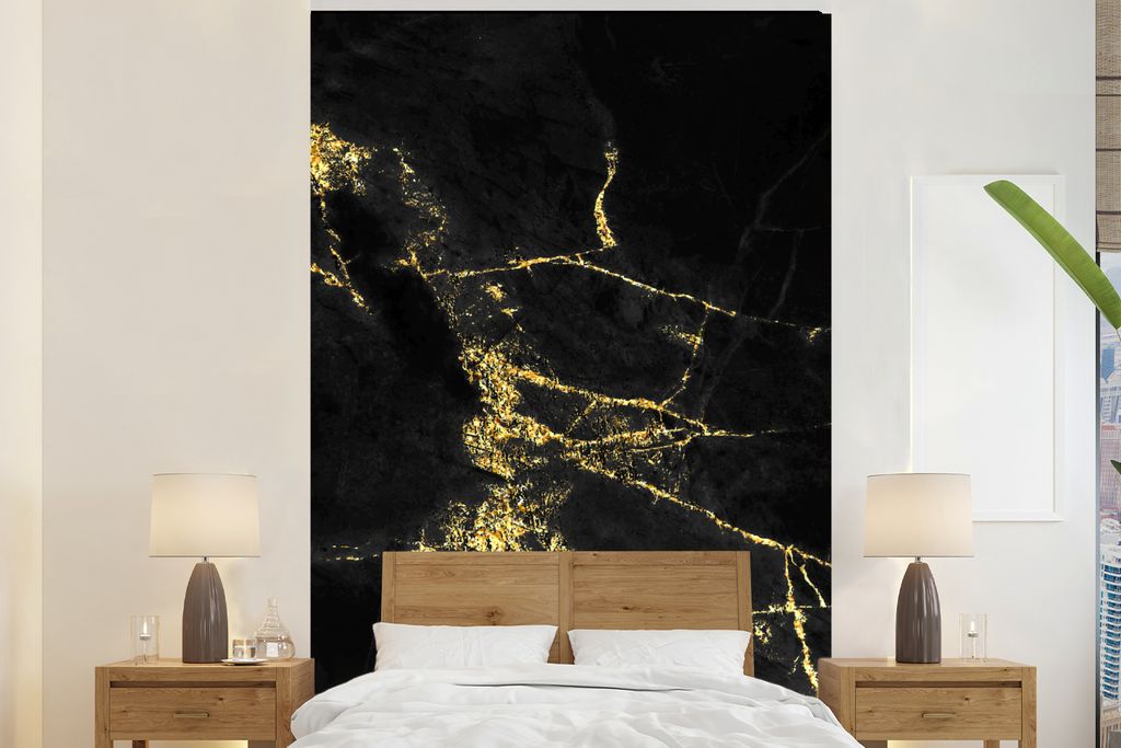 MuchoWow Fototapete für Wohnzimmer oder Schlafzimmer Wandtapete Vinyl Motivtapete Marmor - Schwarz - Gold - Luxus - 225x350 cm - Schlafzimmer ta...