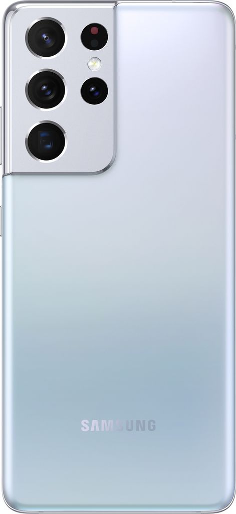 The back of a silver Samsung Galaxy S21 Ultra smartphone is shown against a light gray background.