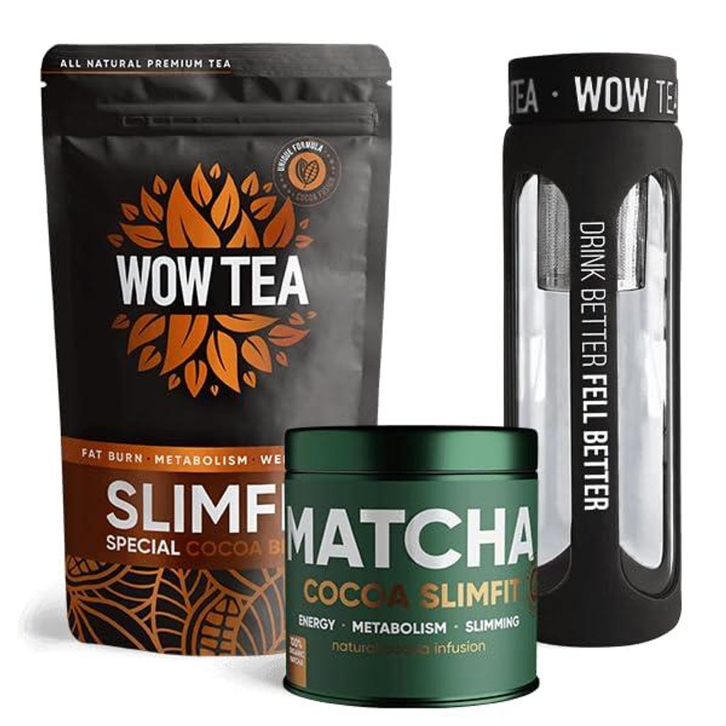 WOW TEA Doppeltes Kakao-Tee-Bündel – Matcha Cocoa Slimfit & Cocoa Slimfit mit Teeflasche & Sieb – 21 Tage Detox & Gewichtsregulierung