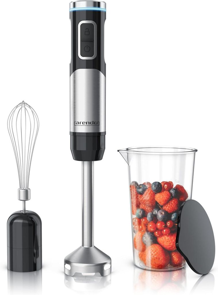 Kabelloser Stabmixer 200W mit Akku, Schneebesen, 600ml Messbecher mit Deckel, Edelstahl-Mixfuß, stufenlose Regelung