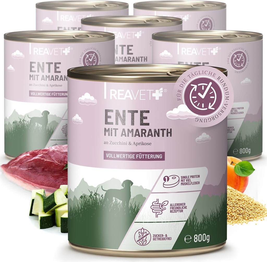 REAVET Premium Hunde Nassfutter - Ente an Amaranth & Aprikose 6 x 800g I mit hohem Fleischanteil & viel Muskelfleisch, Getreidefrei, Hundefutter na...
