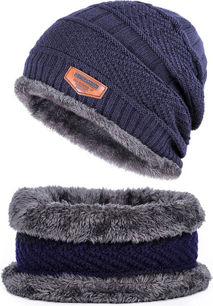 ASKSA Uni 2-Pieces Wintermütze und Schal Set Beanie Mütze Warmer mit Fleecefutter schlauchschal, Dunkelblau