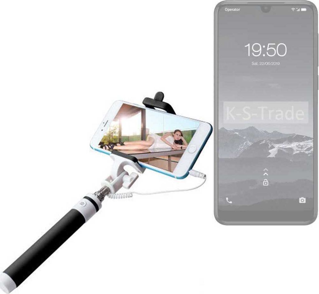 K-S-Trade Selfie Stick kompatibel mit Qilive Q3 Selfiestick kabelgebunden Monopod mit Kabel Stab Stange Selfportrait Handheldstick schwarz 1x