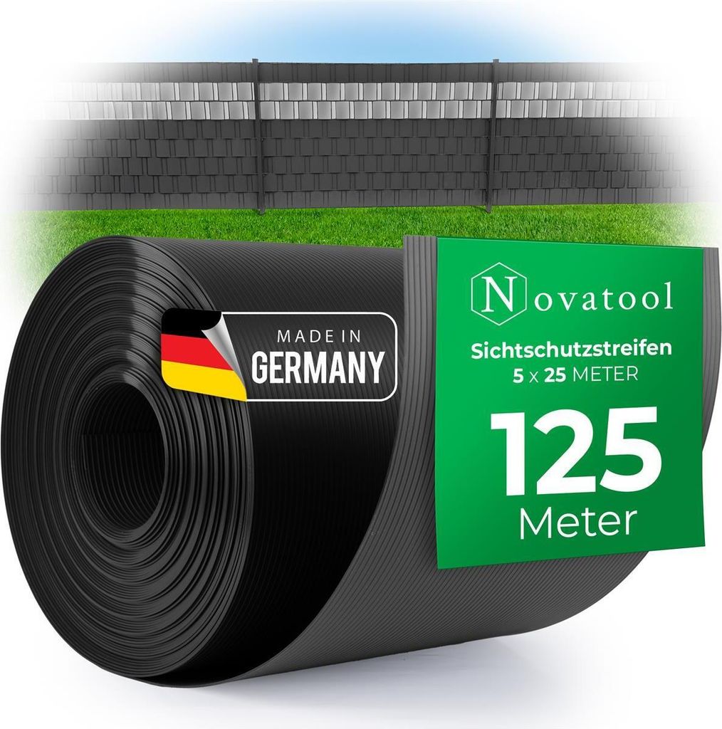 Novatool PREMIUM PP 125m Rollen Sichtschutzstreifen für Doppelstabmattenzaun ANTHRAZIT GRAU für 10 Reihen Stabmattenzaun Sichtschutzstreifen lang...