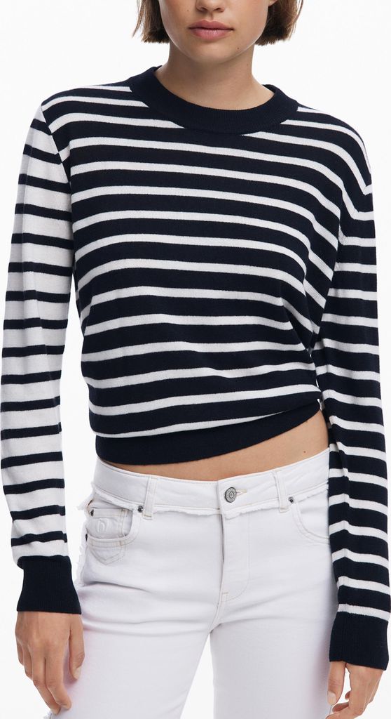 Damenpullover Schwarz: Langarm gestreift, Rundhals mit Stickerei