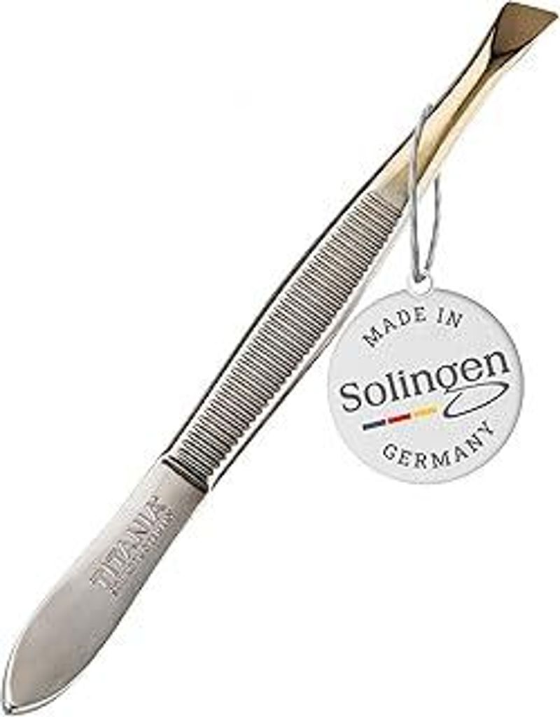 TITANIA Pinzette aus Solingen (8cm, vergoldet) - Germany - Augenbrauen-Pinzette zum Zupfen - Extra präzise - Vergoldete Spitze