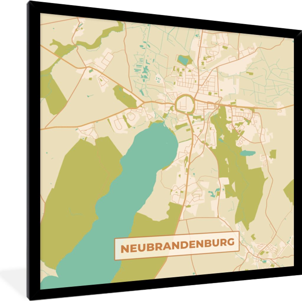 MuchoWow Gerahmtes Poster Neubrandenburg - Karte - Vintage - Stadtplan 40x40 cm - Poster mit Schwarzem Bilderrahmen Wandposter Rahmen Foto Bilder...