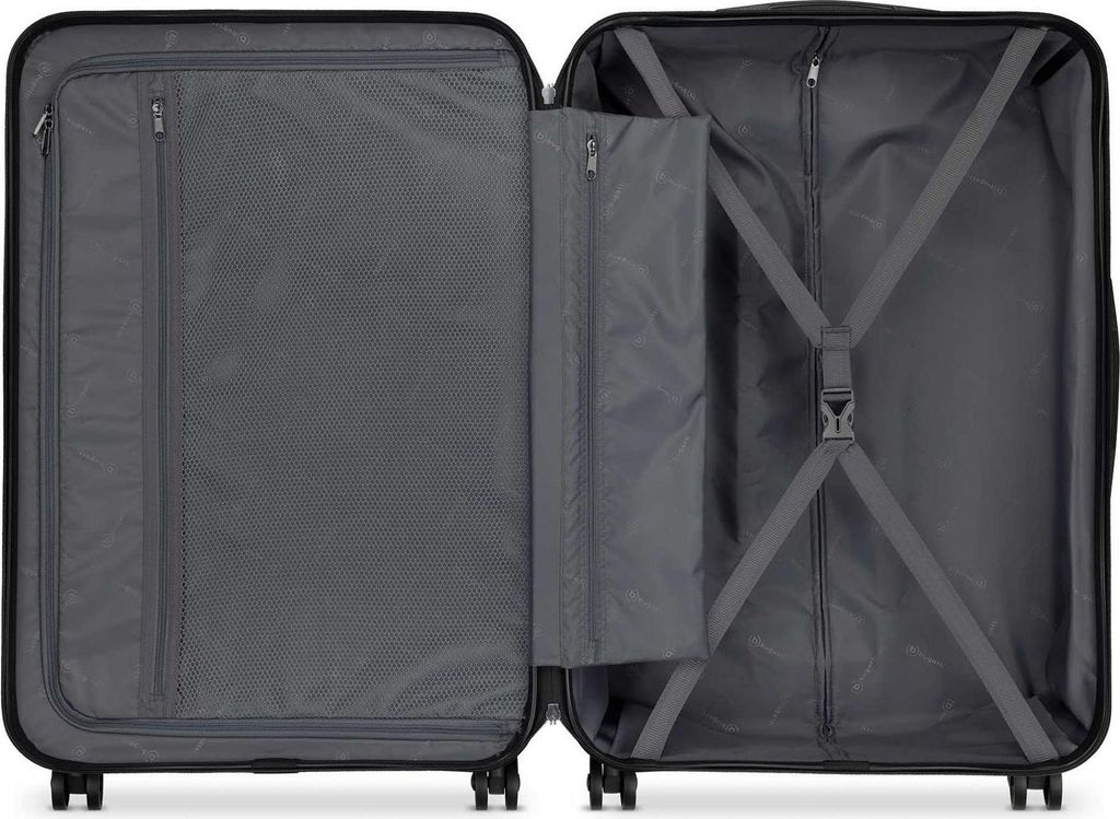 The interior of an open black suitcase is shown against a white background.