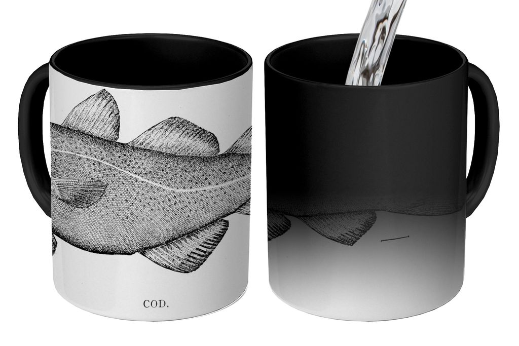 KitchenYeah Zauber Tasse Zaubertasse Magic Schwarz-weiße Illustration eines Fisches 350 ml Farbwechsel Becher Geschenk Geschenkidee - Magic-Tass...