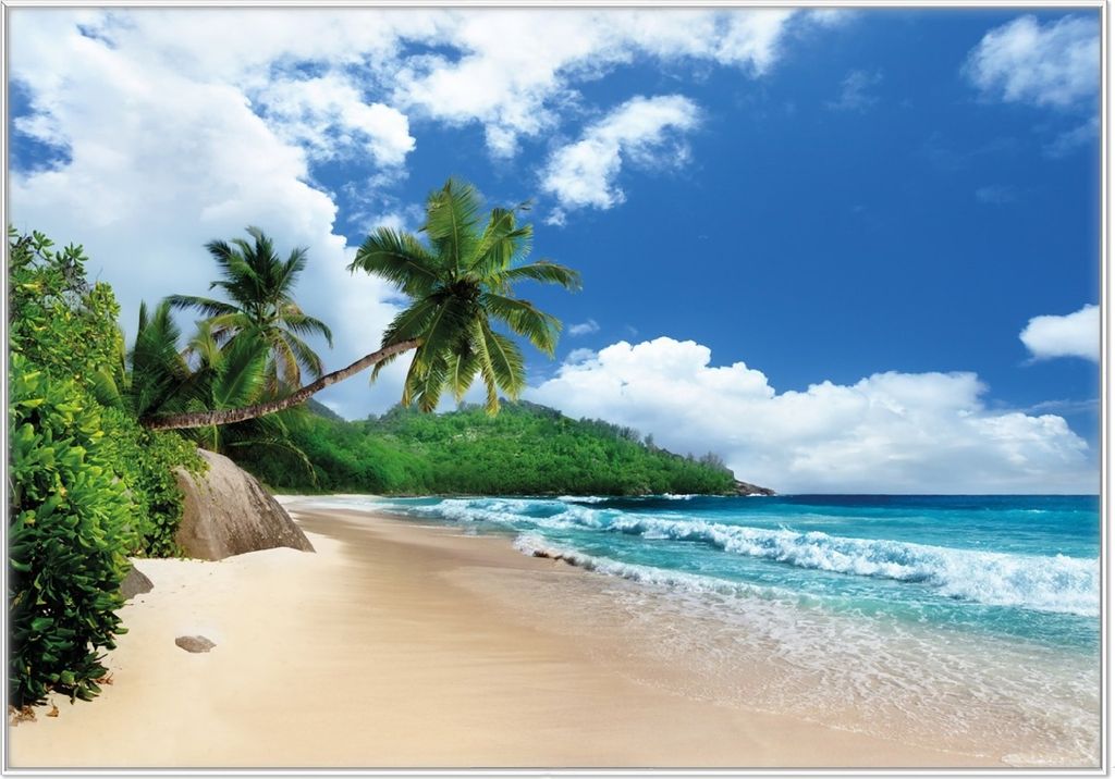Wallario Wandbild Urlaub auf den Seychellen unter Palmen am Sandstrand, Größe: 70,30 x 100,30 cm, Poster mit weißem Kunststoffrahmen