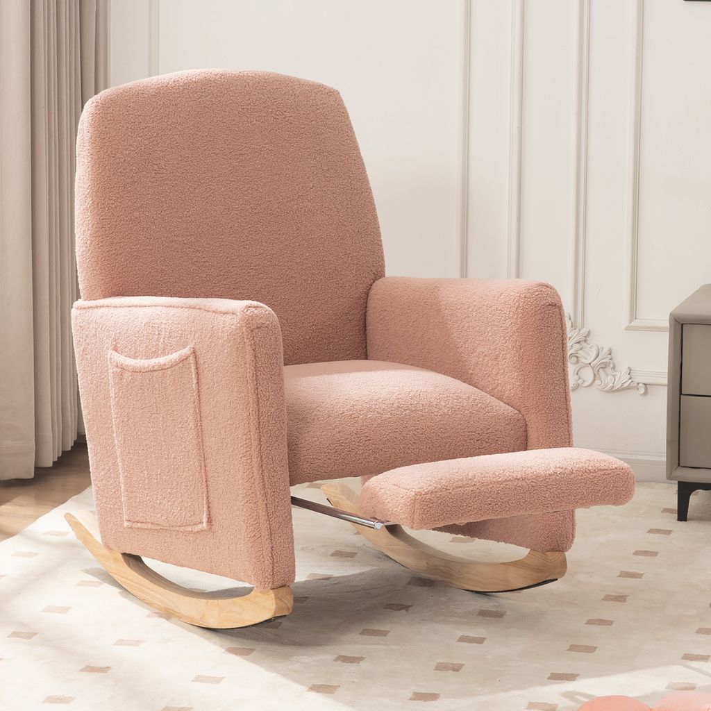 Schaukelstuhl Wohnzimmer mit Hocker – Relaxsessel mit Liegefunktion & hoher Rückenlehne – Rosa Teddy-Stoff Sessel für Innenbereich, Lesesessel