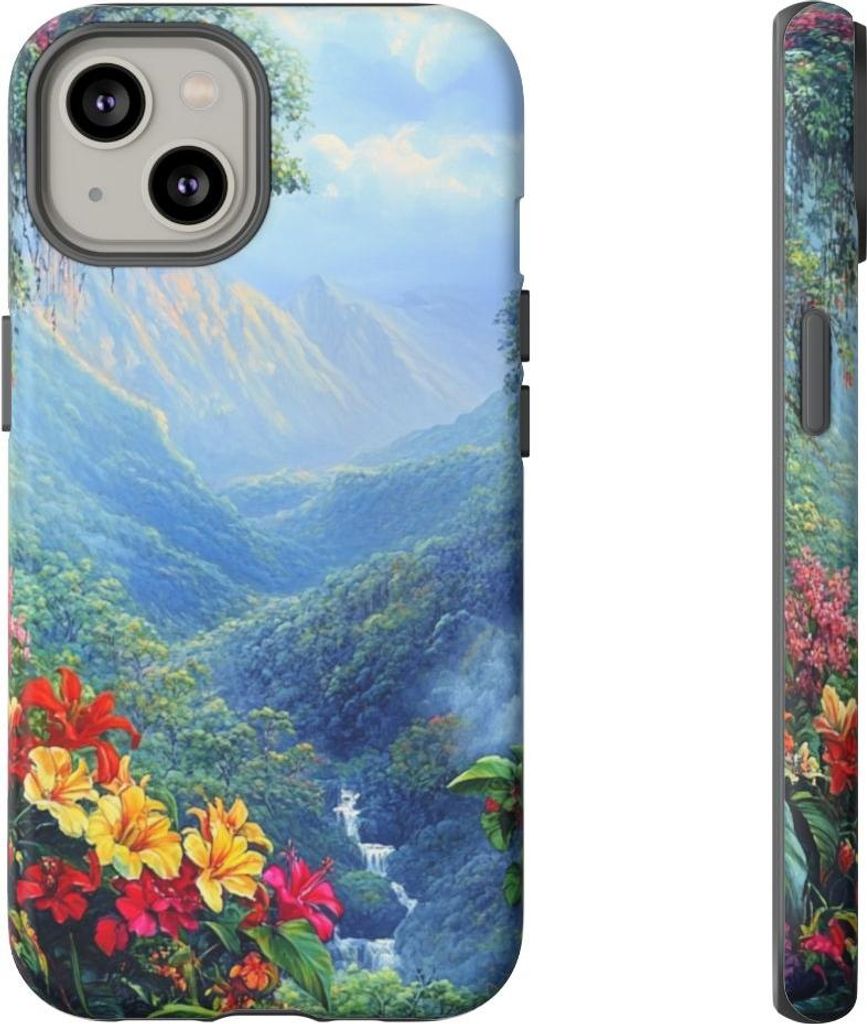 Farbenfrohe südamerikanische Landschaft mit Wasserfall – Handyhülle Kompatibel mit iPhone 14