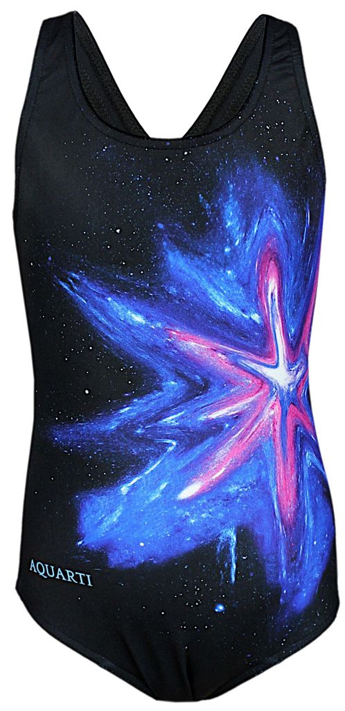 Aquarti Mädchen Badeanzug Chlorresistent Schwimmanzug Muscleback Wassersport Swimsuit, Farbe: Bunter Fleck Rosa Blau / Schwarz, Größe: 128