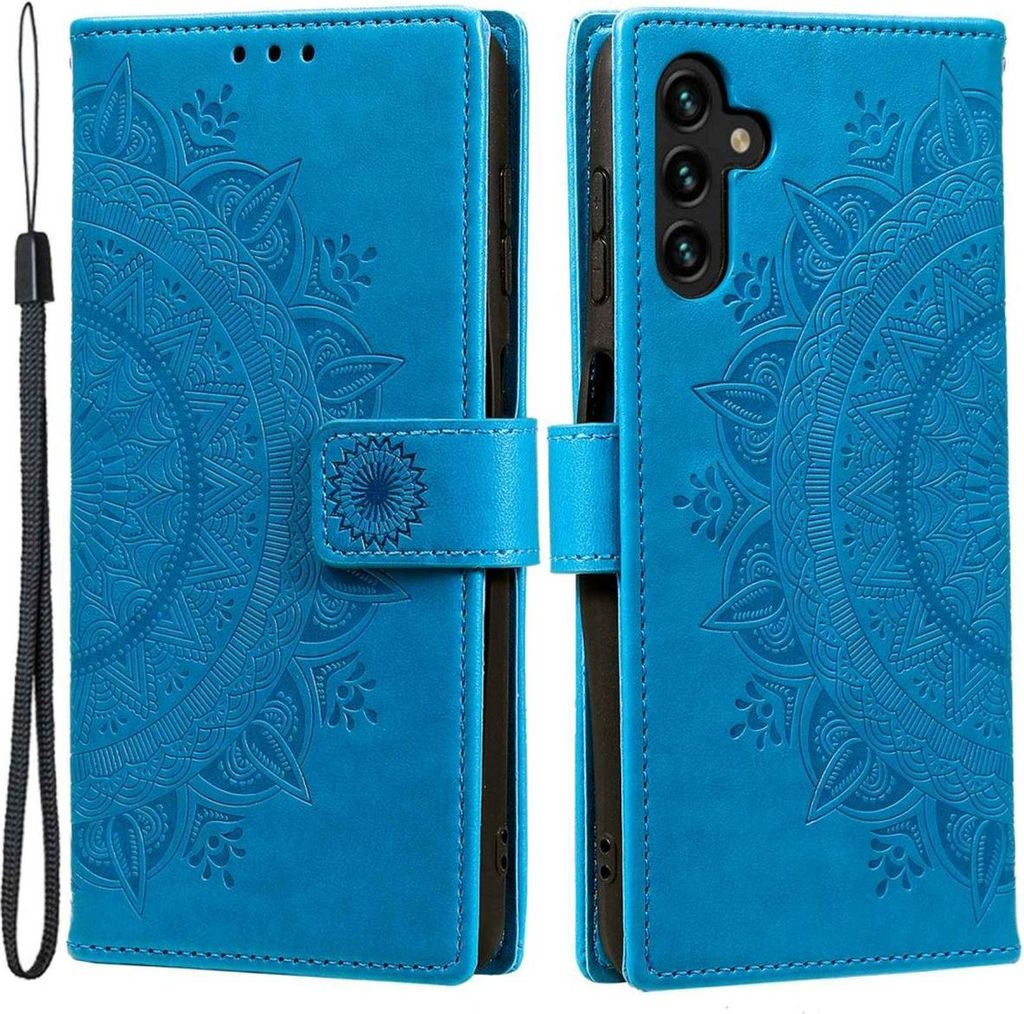 A blue flip case for a Samsung Galaxy A54 5G phone, featuring a mandala pattern, is shown open and closed.