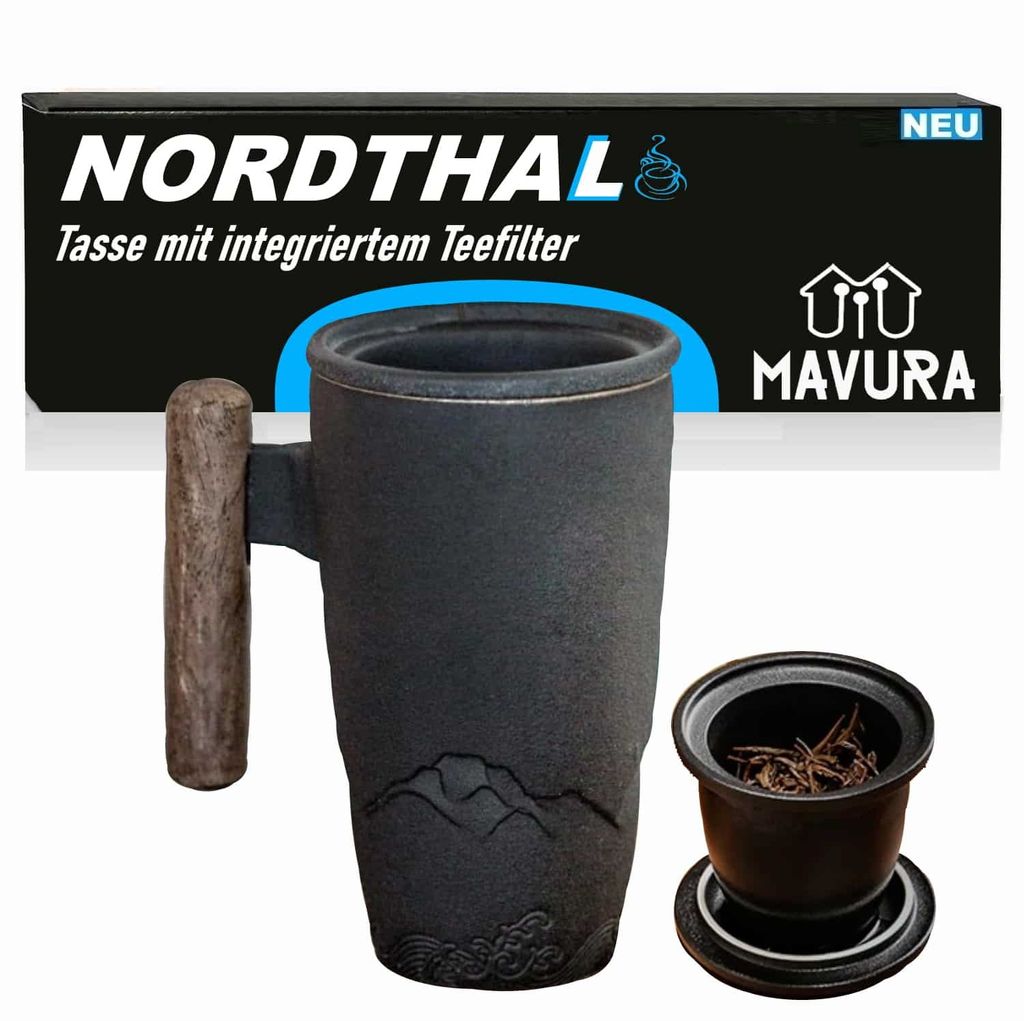 NORDTHAL Keramiktasse Kaffeetasse Teetasse Tasse mit Teesieb Holzgriff schwarz