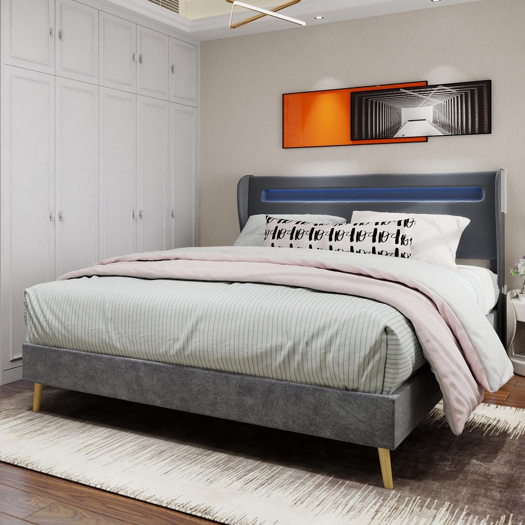 Sweiko Modern Minimalist Upholstered Bed with Soft LED-Integrated Headboard, 160x200 cm, Grey, Multifunctional Bedroom Furniture, Low-Profile Non-S...