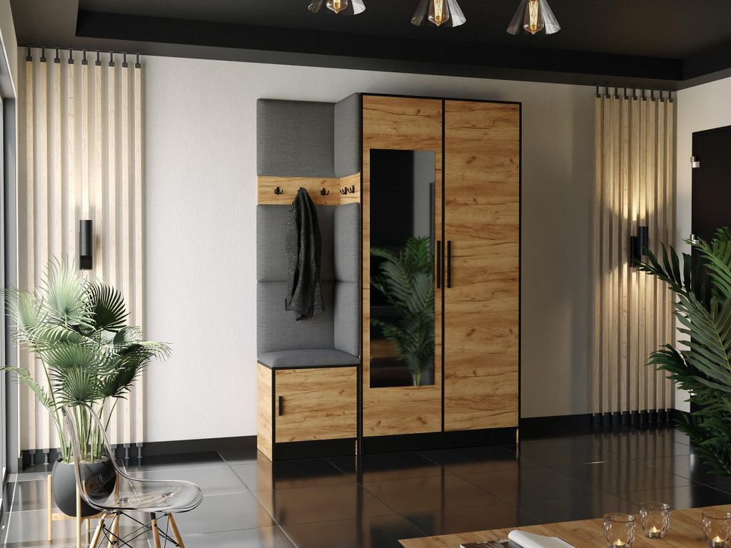 KIER FURNITURE Garderobe Roj13 - 158x205x39cm Eiche Craft Gold + Stoff Grau