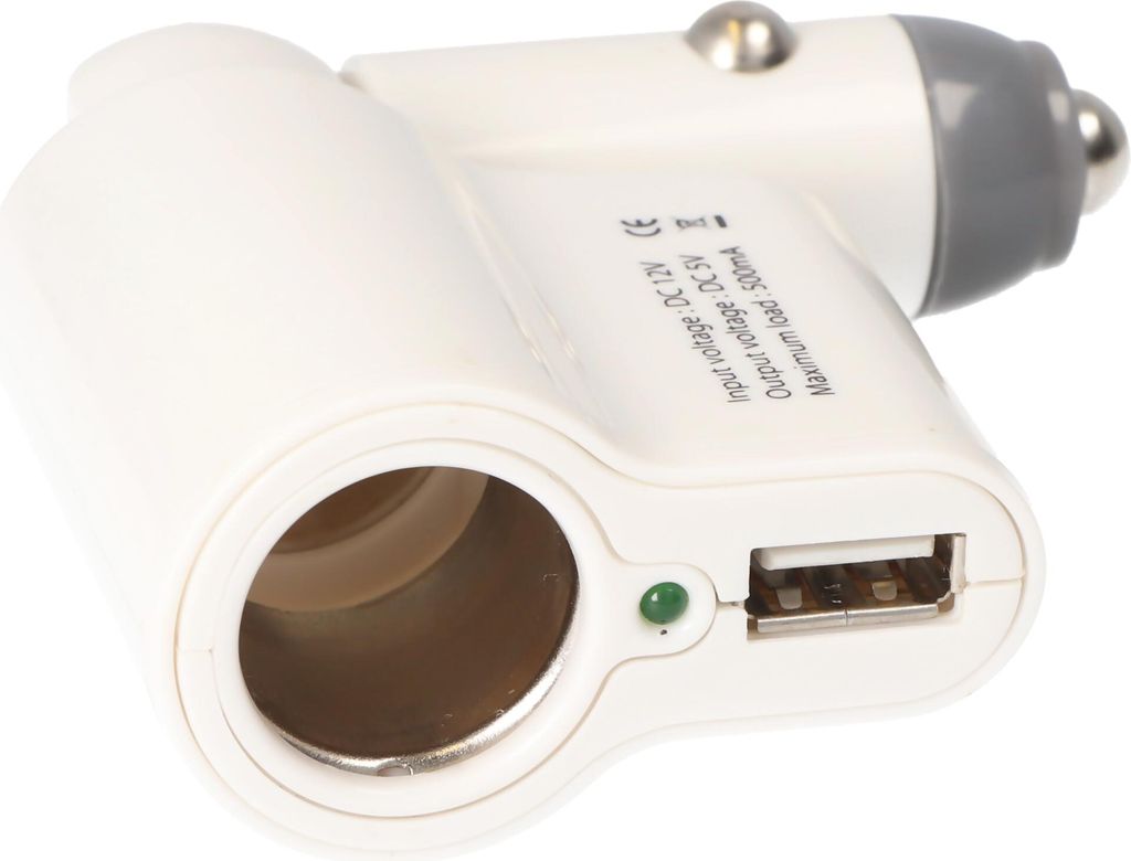 Kfz-Ladegerät mit Buchse und USB, Weiß, Autoladegerät BH-13007, input DC 12V, output 5V, 500mA