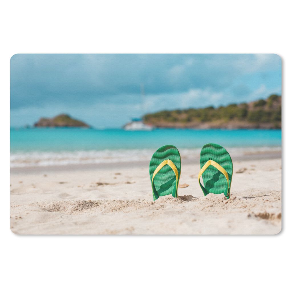 MuchoWow Schreibtischunterlage Strand - Pantoffeln - Grün 60x40 cm - XXL Mauspad - Großes Mauspad