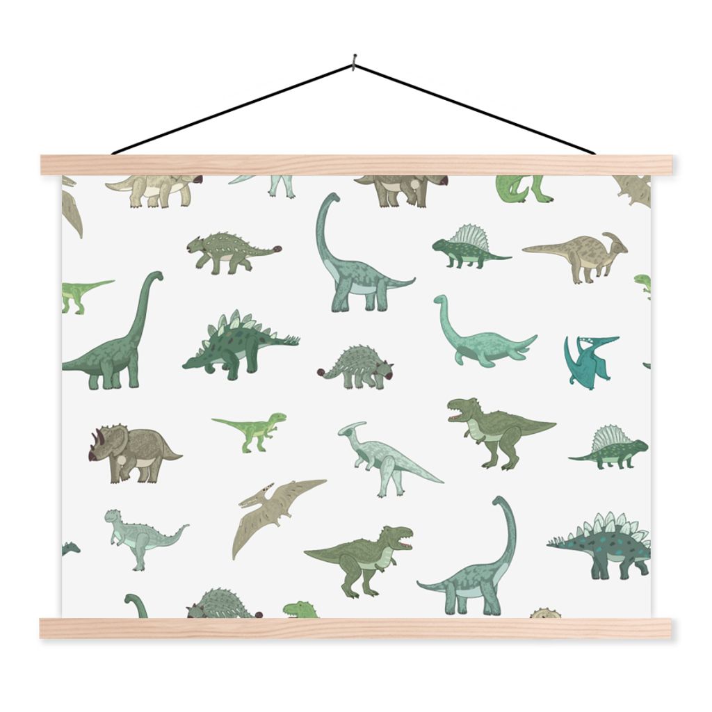 MuchoWow Textilposter Dinosaurier - Grün - Jungen - Braun - Kind - Muster 60x45 cm mit holzfarbenen Rahmen - Bild