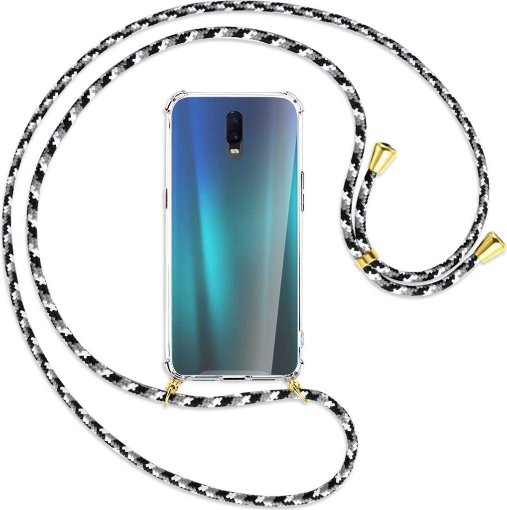 Handykette Backcover-Schutzhülle mit Band (Metall goldfarben) für Oppo R17 / RX17 - schwarz/grau/weiß