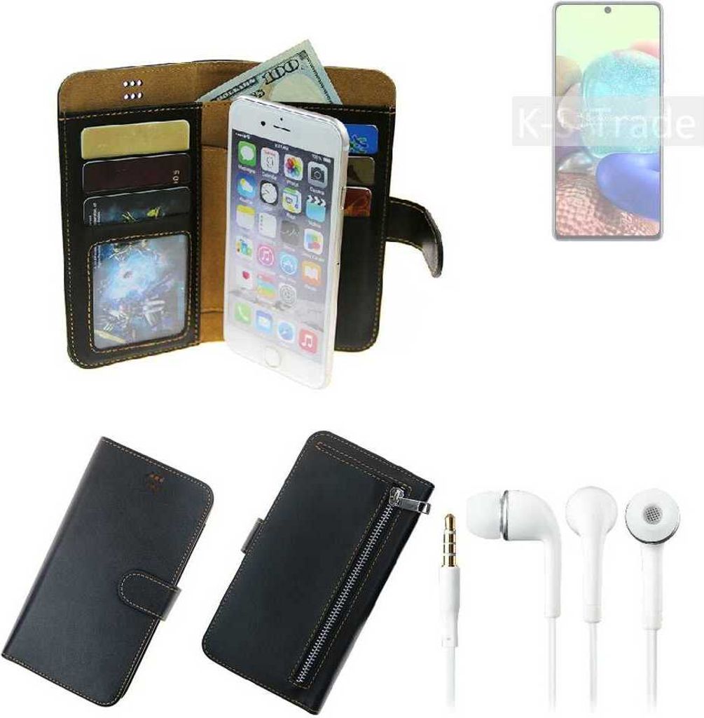 TOP SET Handy Hülle Schutz Hülle kompatibel mit Samsung Galaxy A71 5G schwarz aus Kunstleder + Kopfhörer Smartphone Tasche vollwertige Geldbörse