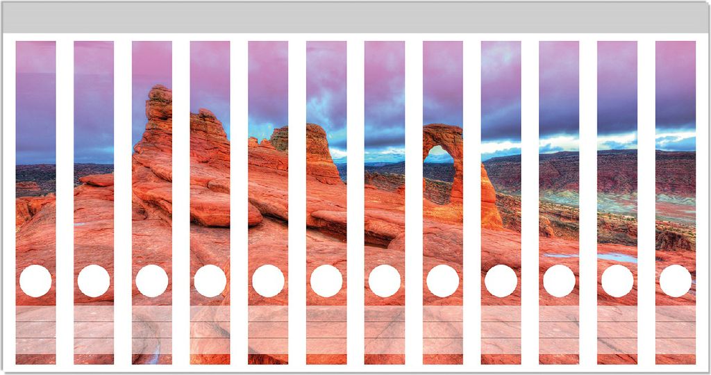 Wallario Ordnerrücken Sticker, selbstklebend für schmale Ordner, 12 Stück, Motiv Farbenfrohes Naturdenkmal - Steinbogen im Nationalpark Arches