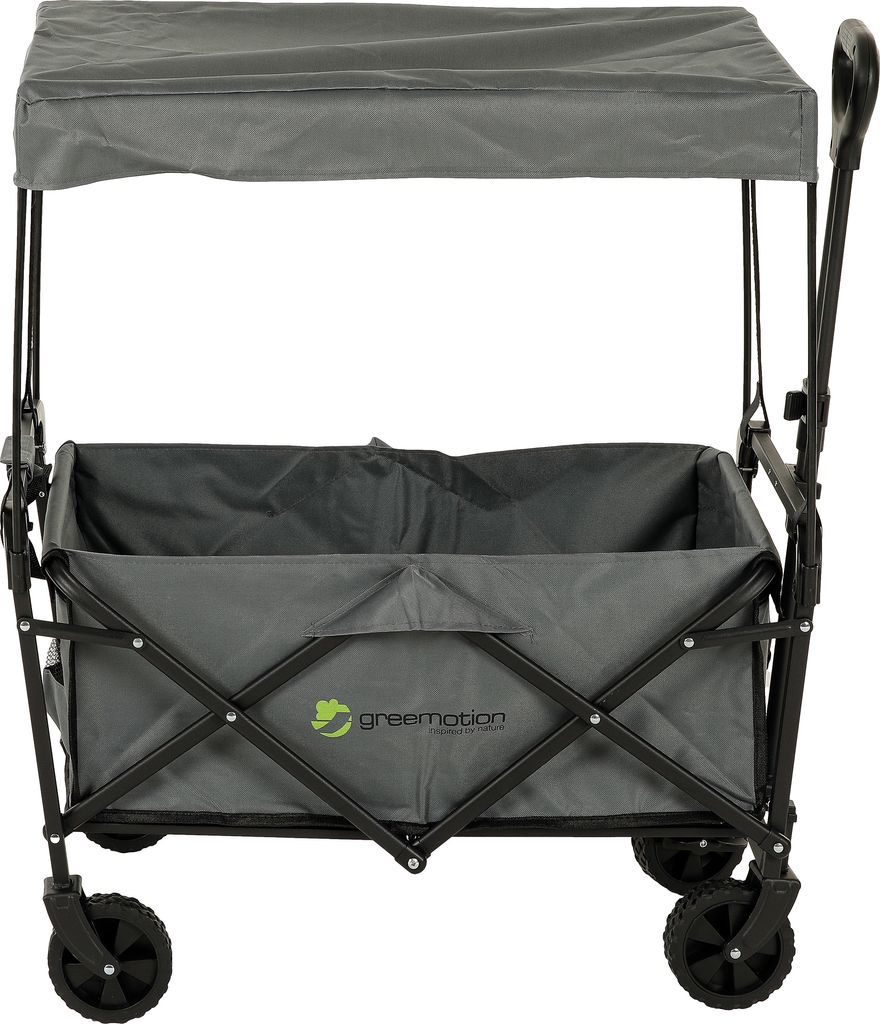 A gray folding wagon with a canopy is shown against a white background.
