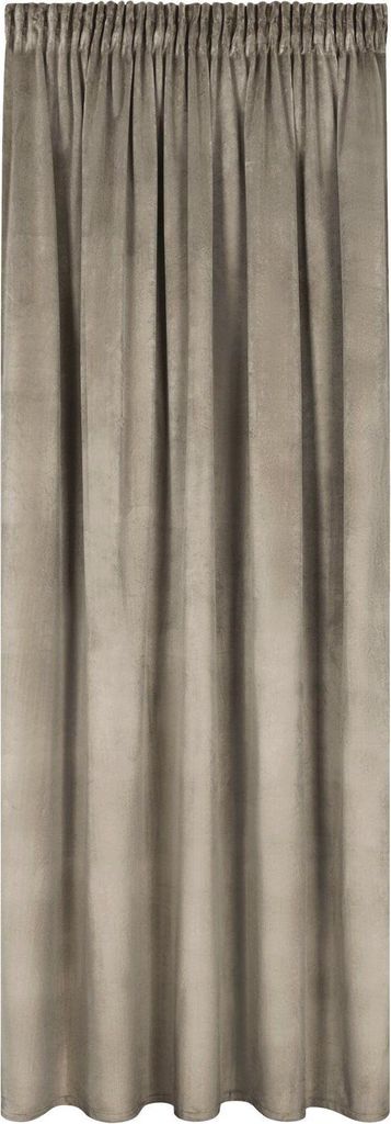 A full-length view of a brown curtain with gathered fabric at the top.