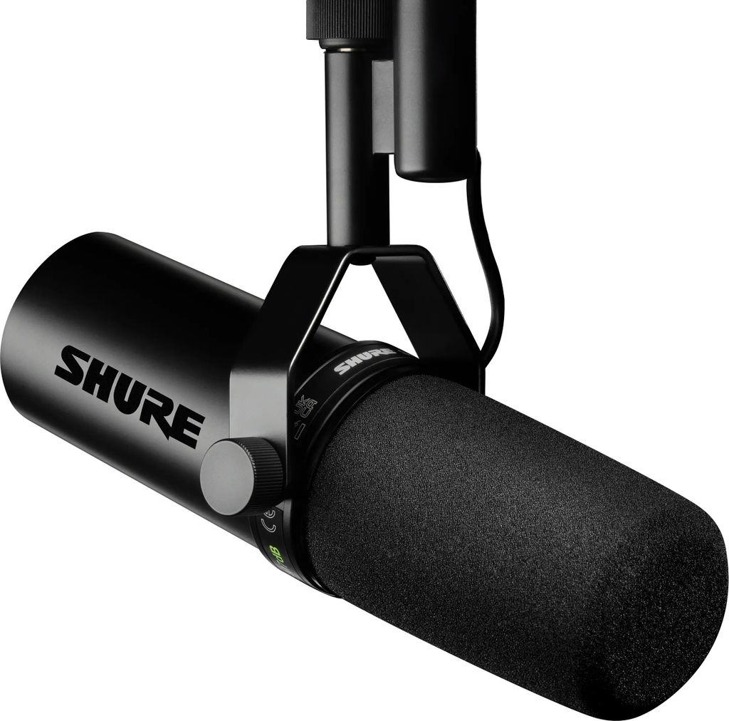 A black Shure SM7DB studio microphone is shown against a white background.