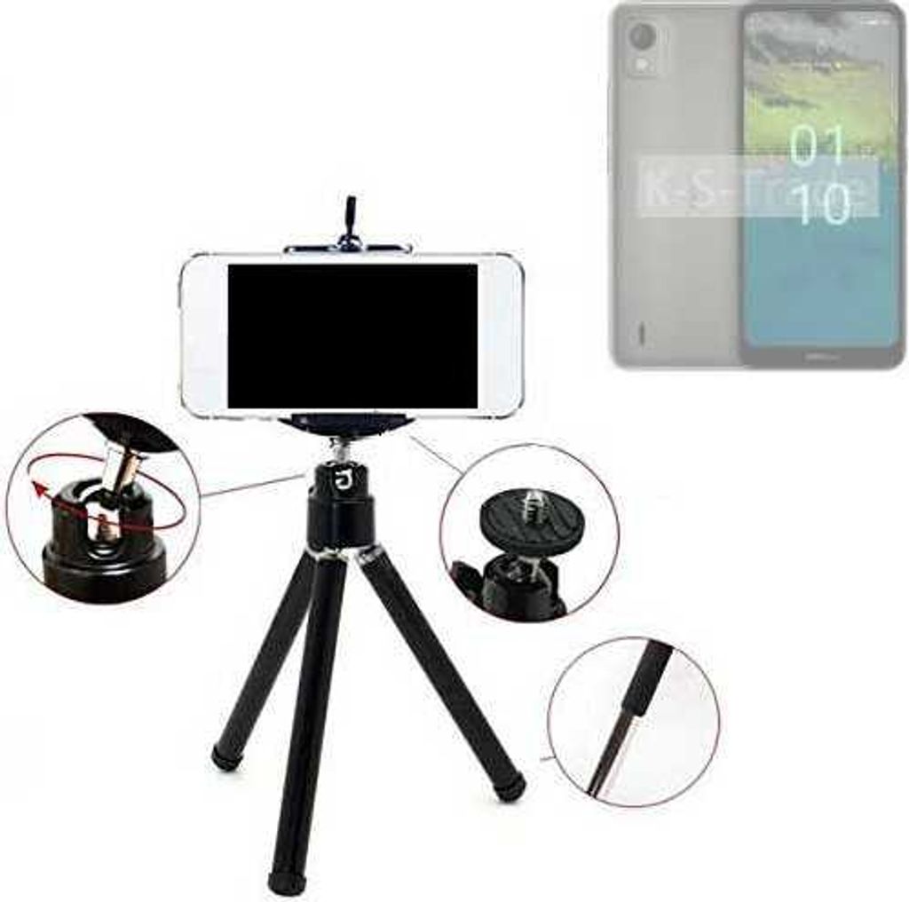 K-S-Trade Smartphone Stativ Dreibein kompatibel mit Nokia C110 Tripod aus Aluminium Klemmstativ Stativ Adapter für Mobiltelefone schwarz 1x