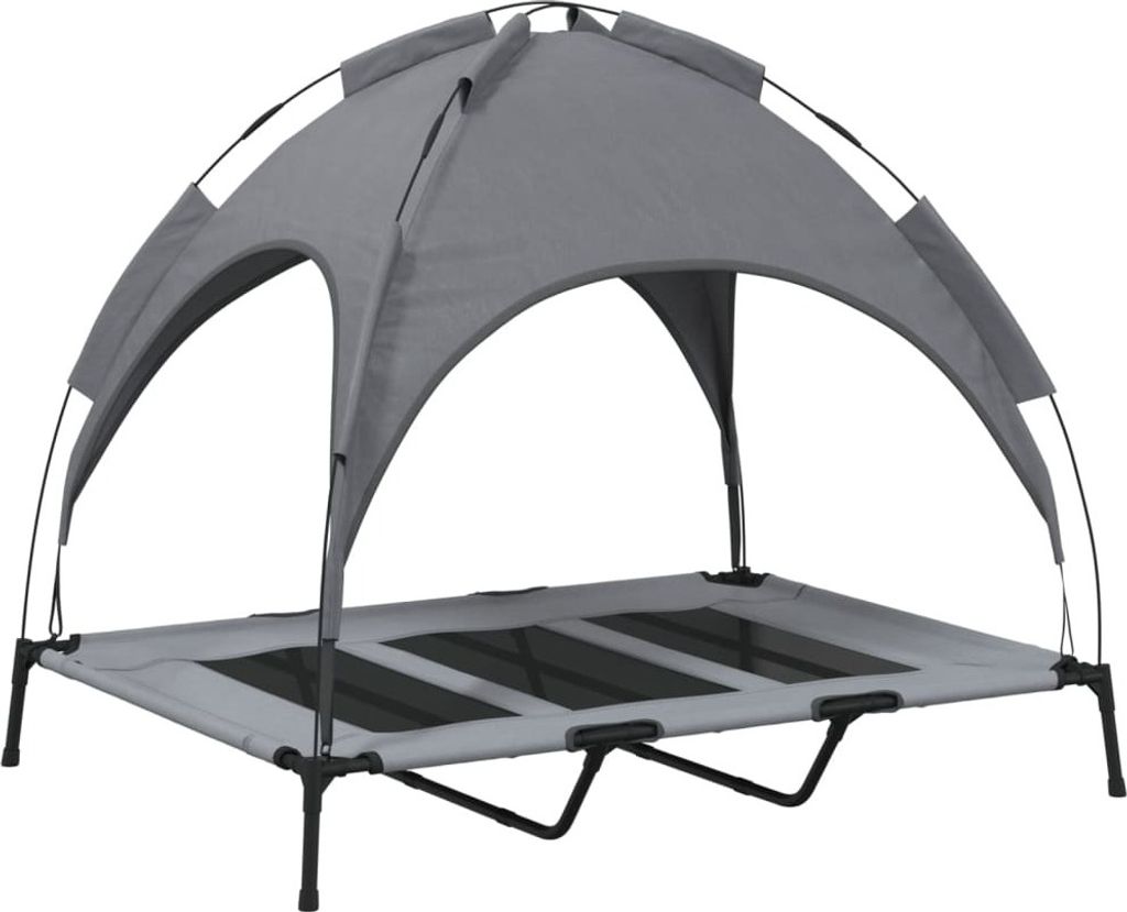 A gray dog bed with a canopy, shown against a white background.