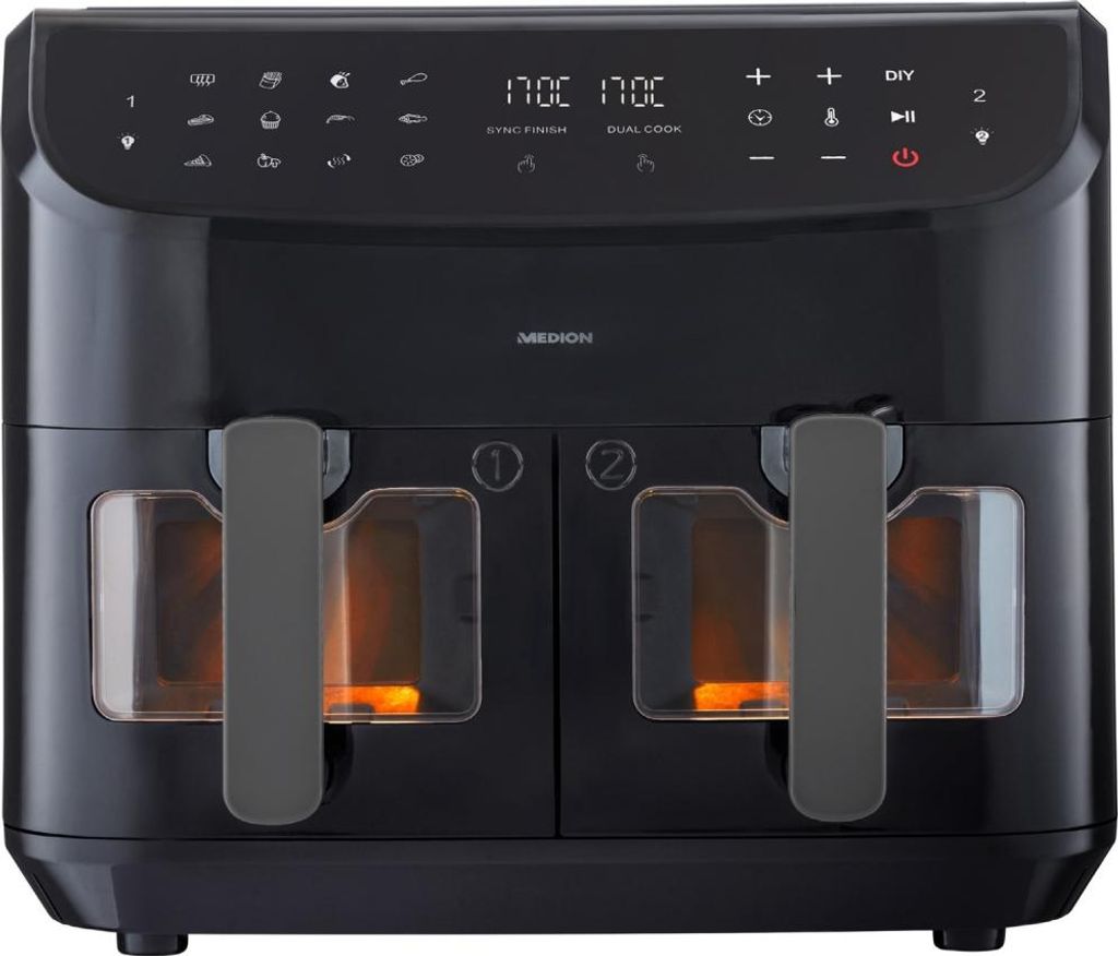 A black dual-basket air fryer with clear windows showing the heating elements inside.