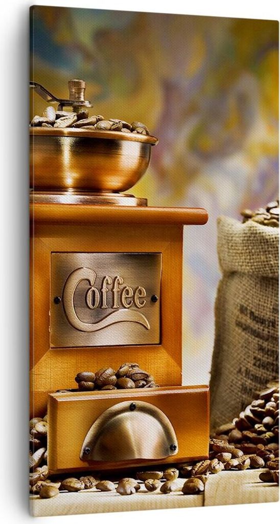 Bild auf Leinwand - Leinwandbild - Kaffee Körner Mühle Tasse - 55x100cm - Wand Bild - Wanddeko - Leinwanddruck - Bilder - Kunstdruck - Wanddekora...