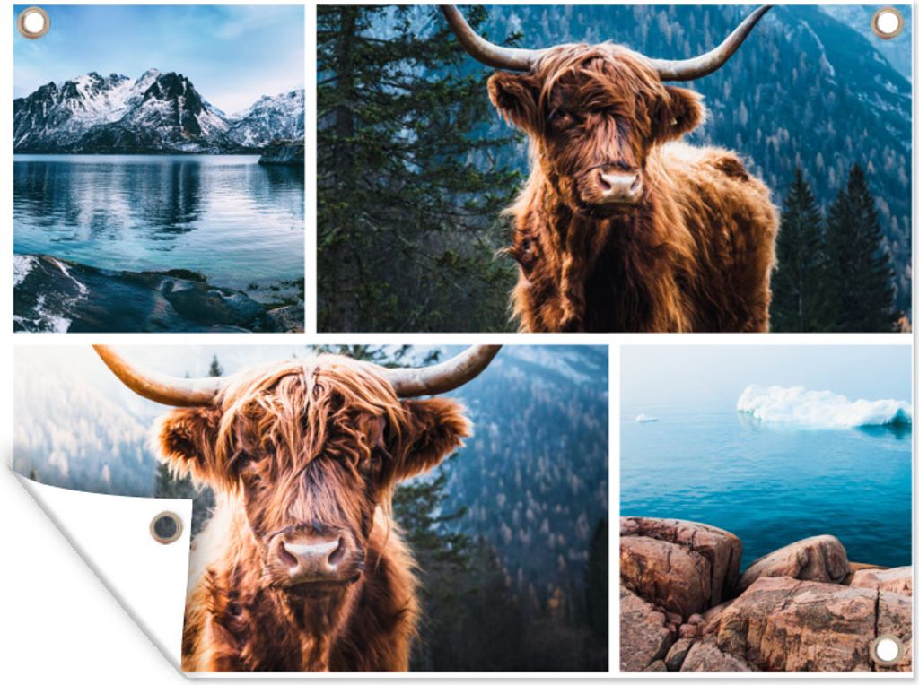 MuchoWow 40x30 cm Outdoor-Poster Gartendeko Sichtschutz Garten Poster für den Garten Schottischer Highlander - Collage - Berg