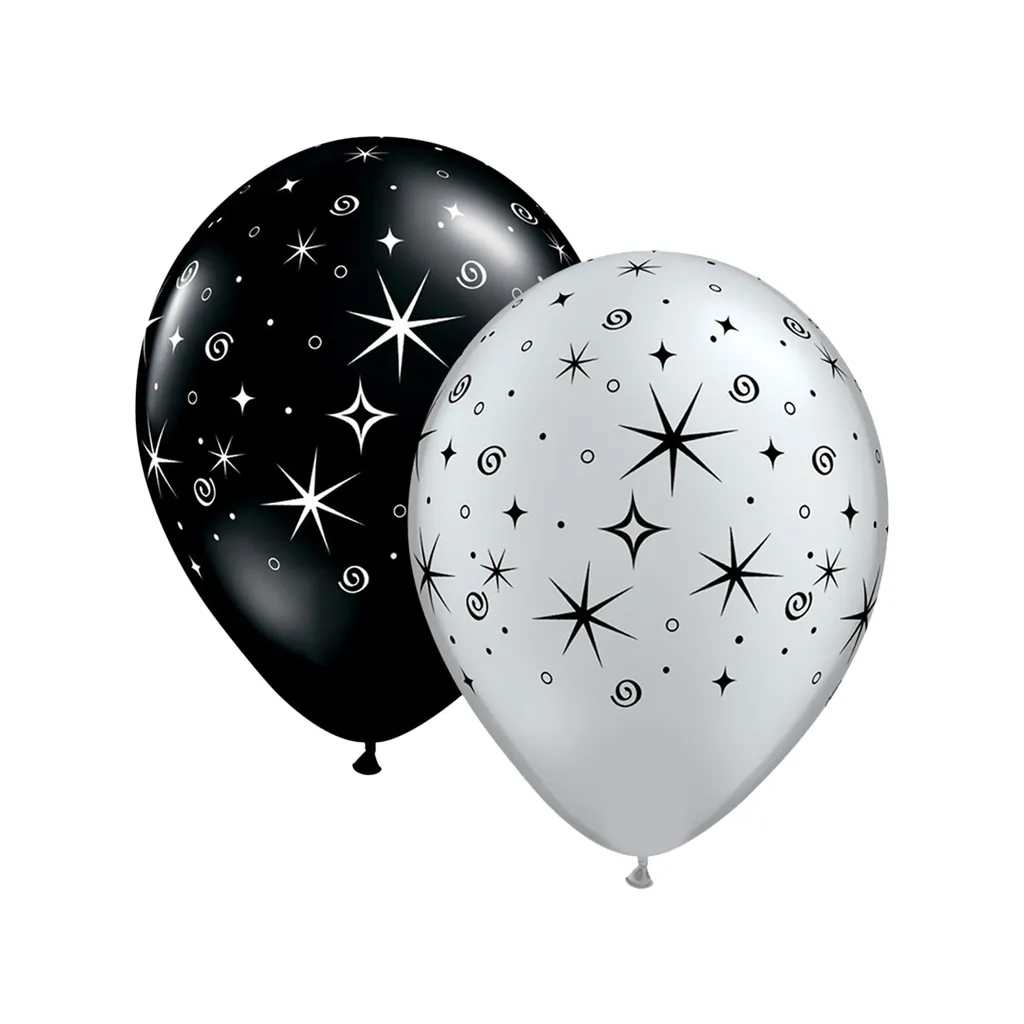 Ballons latex Qualatex Sparkles & Swirls ultra résistants noir argent