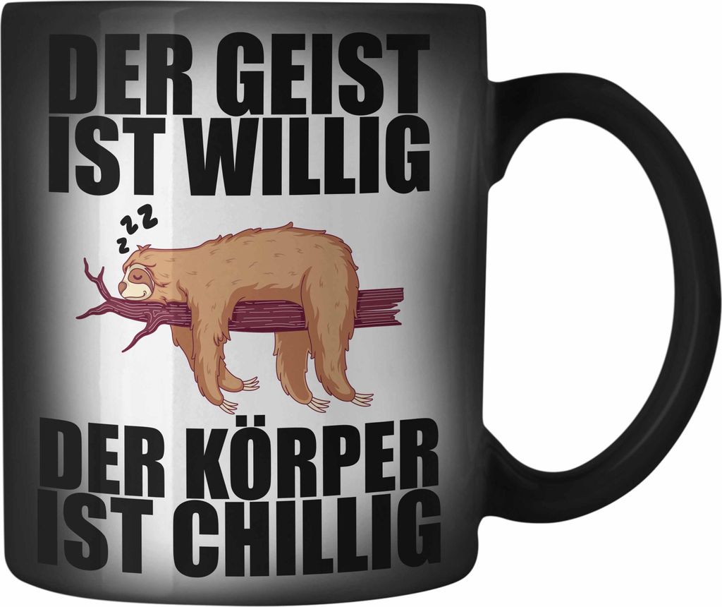 Trendation - Lustige Farbwechsel Zauber-Tasse mit Spruch Faultier Mitarbeiter Arbeitskollege Geschenk Büro (Schwarz)