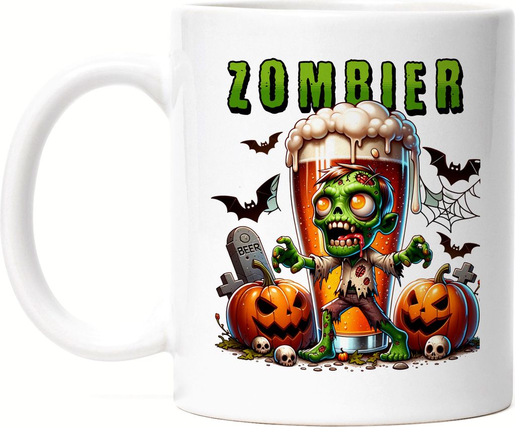 Zombier Tasse weiß Halloween Bier Zombie Kürbis Gruselig Retro