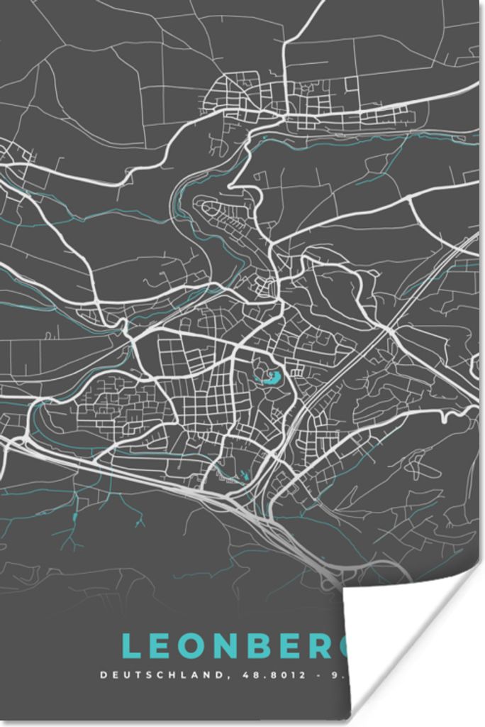 MuchoWow Poster Deutschland - Blau - Leonberg - Stadtplan - Karte 20x30 cm - Papierdruck