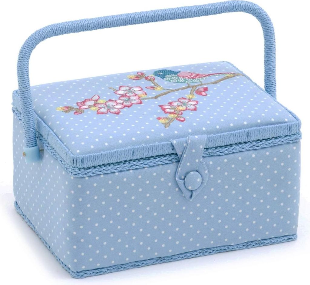 Exklusive mittelgroße Nähbox Bastelbox mit Zubehörschublade und Nadelkissen - Bestickte Vögel, PVC-Griff - 185 x 255 x 145 cm